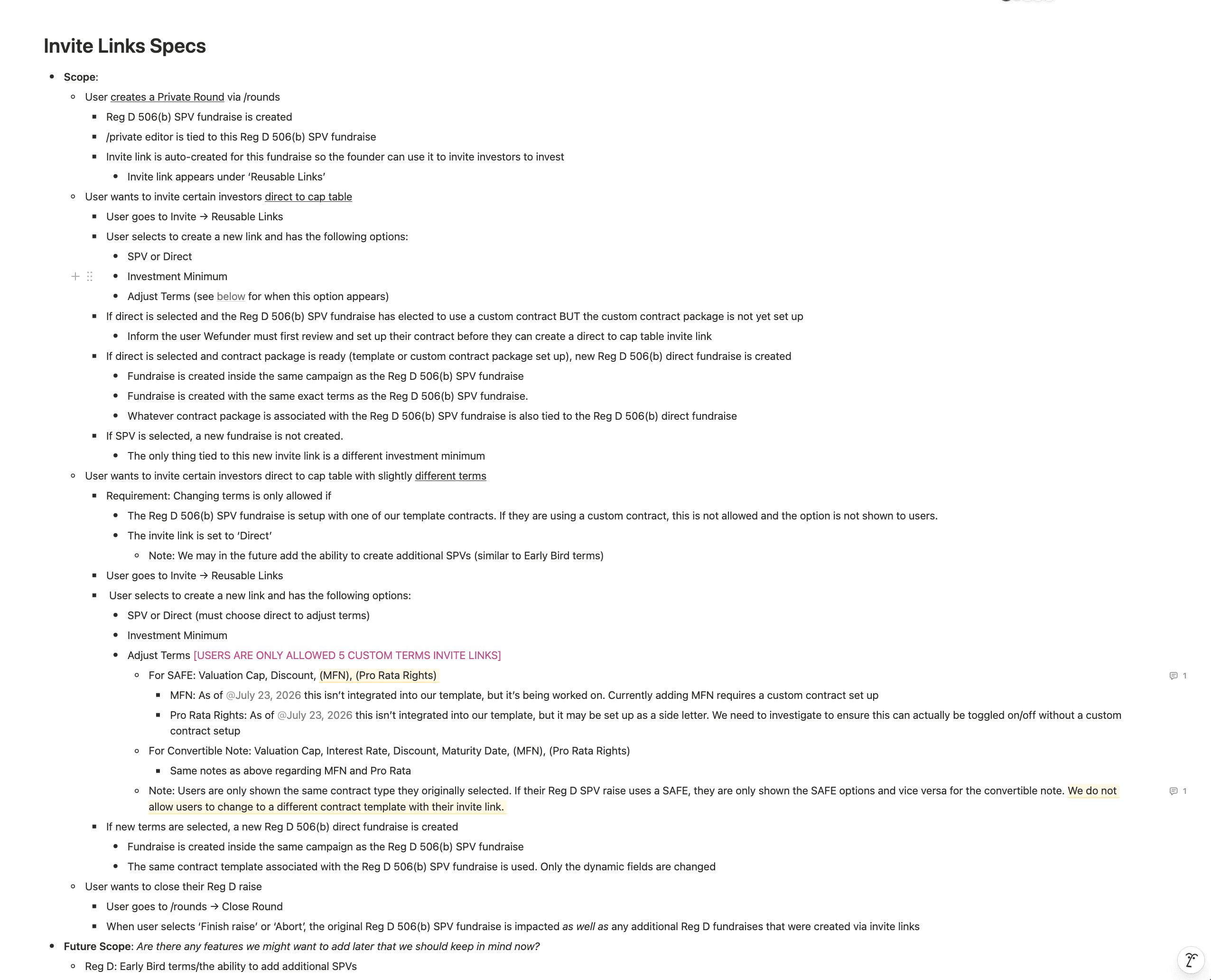 Invite links product specifications