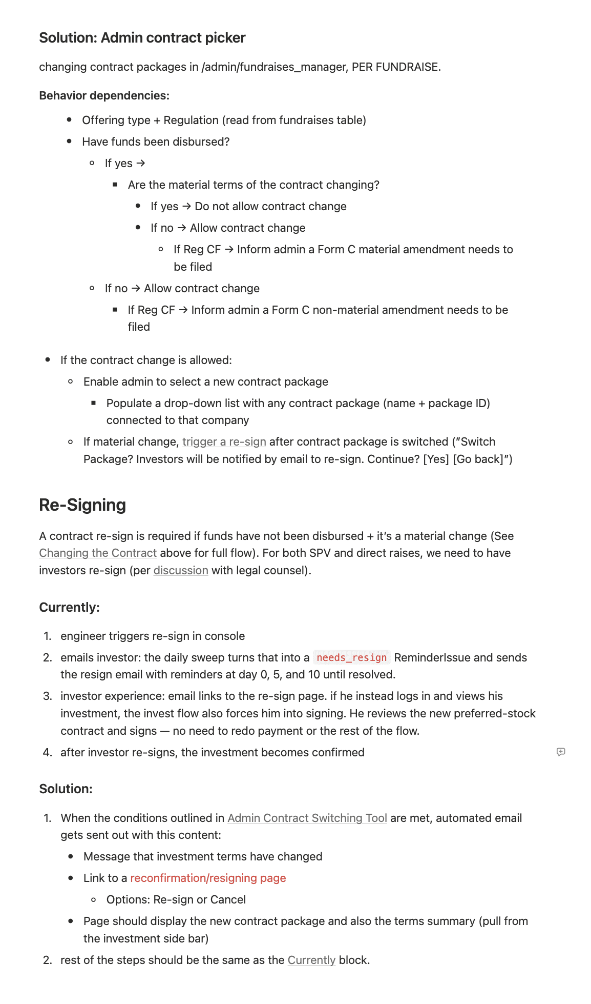 Specs for contract switching and investor re-signing
