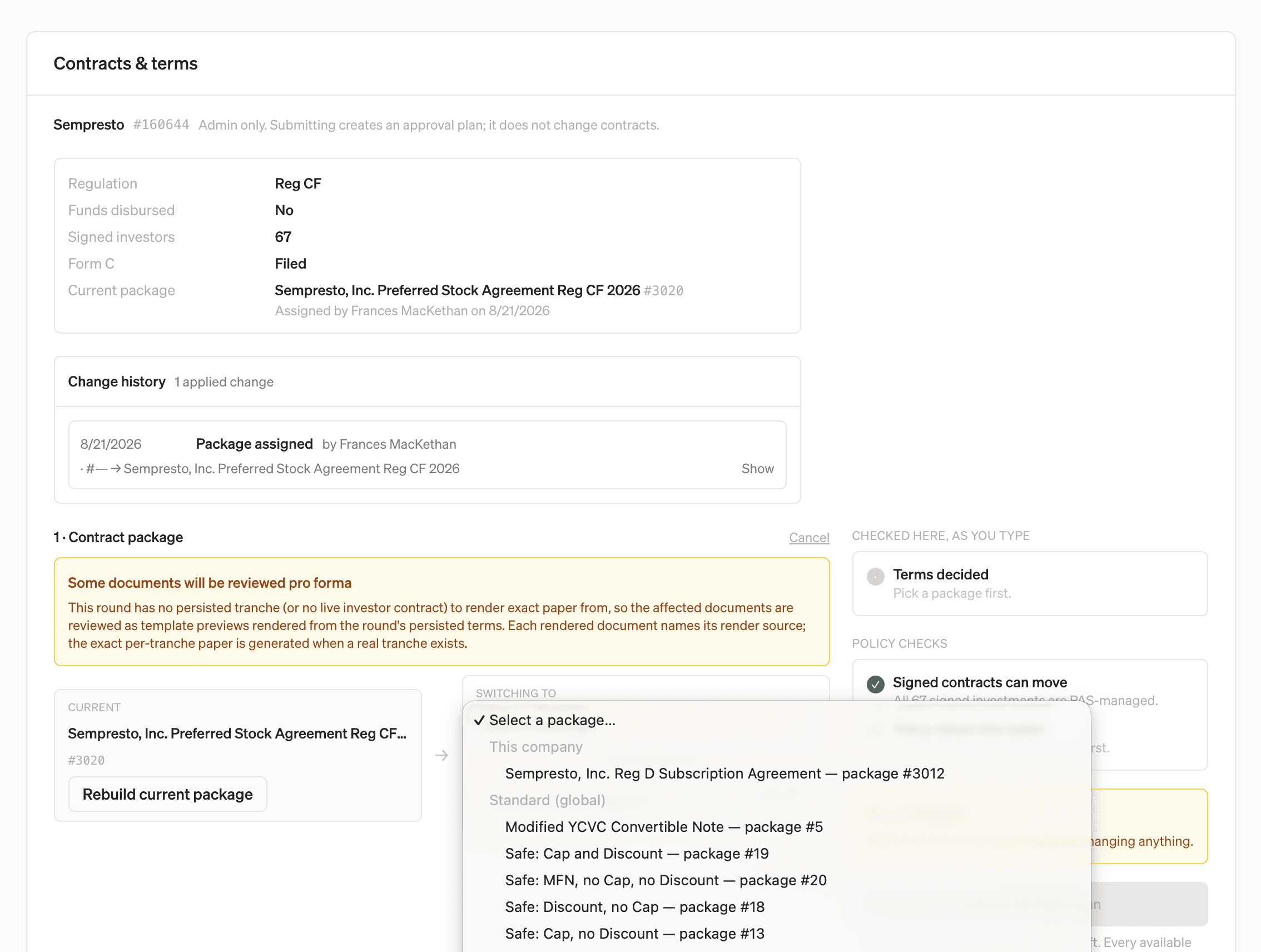 Admin interface for contract package set up and switching