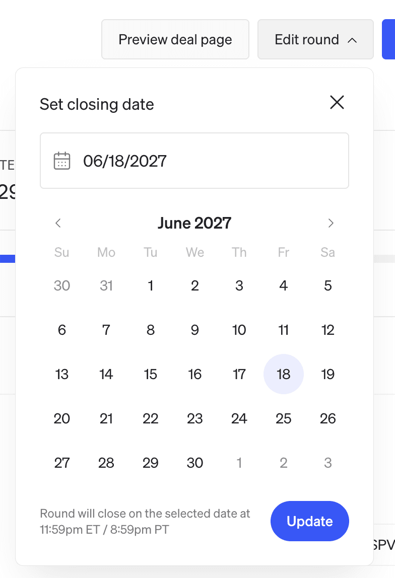 Set fundraise closing date calendar